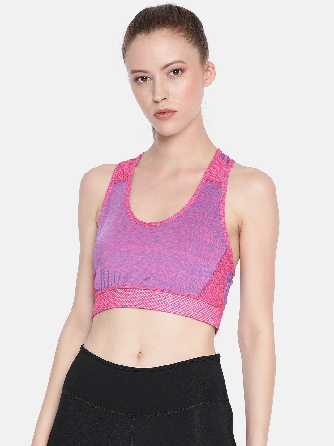 

AND Pink & Purple Self Design Non-Wired Lightly Padded Activewear Sports Bra 8907861918708