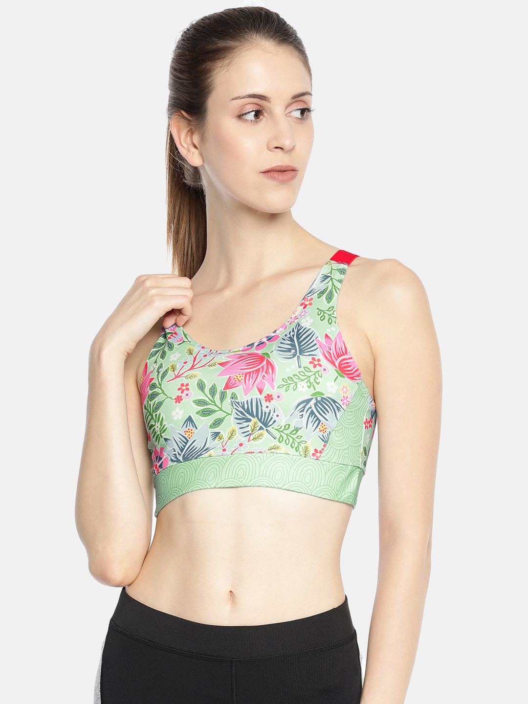 

AND Sea Green & Pink Printed Non-Wired Lightly Padded Activewear Sports Bra 8907861833193