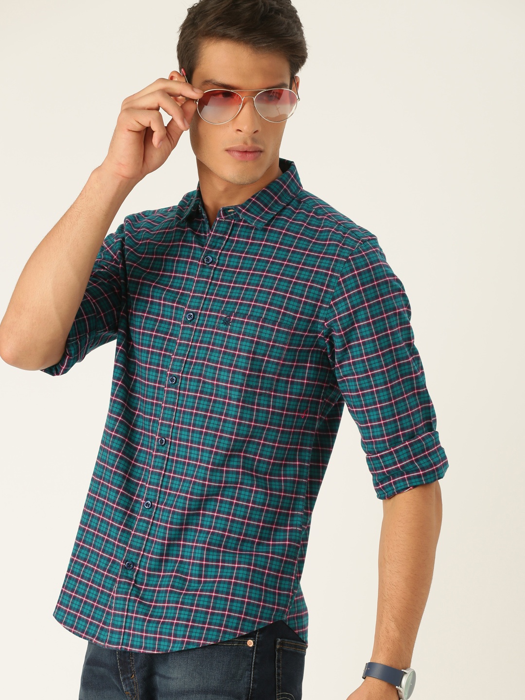 

United Colors of Benetton Men Teal Green & Navy Blue Slim Fit Checked Casual Shirt