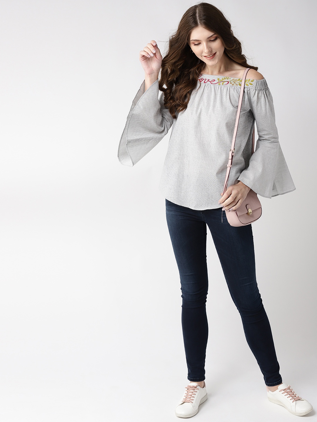 

Taurus Women Grey Striped Bardot Top