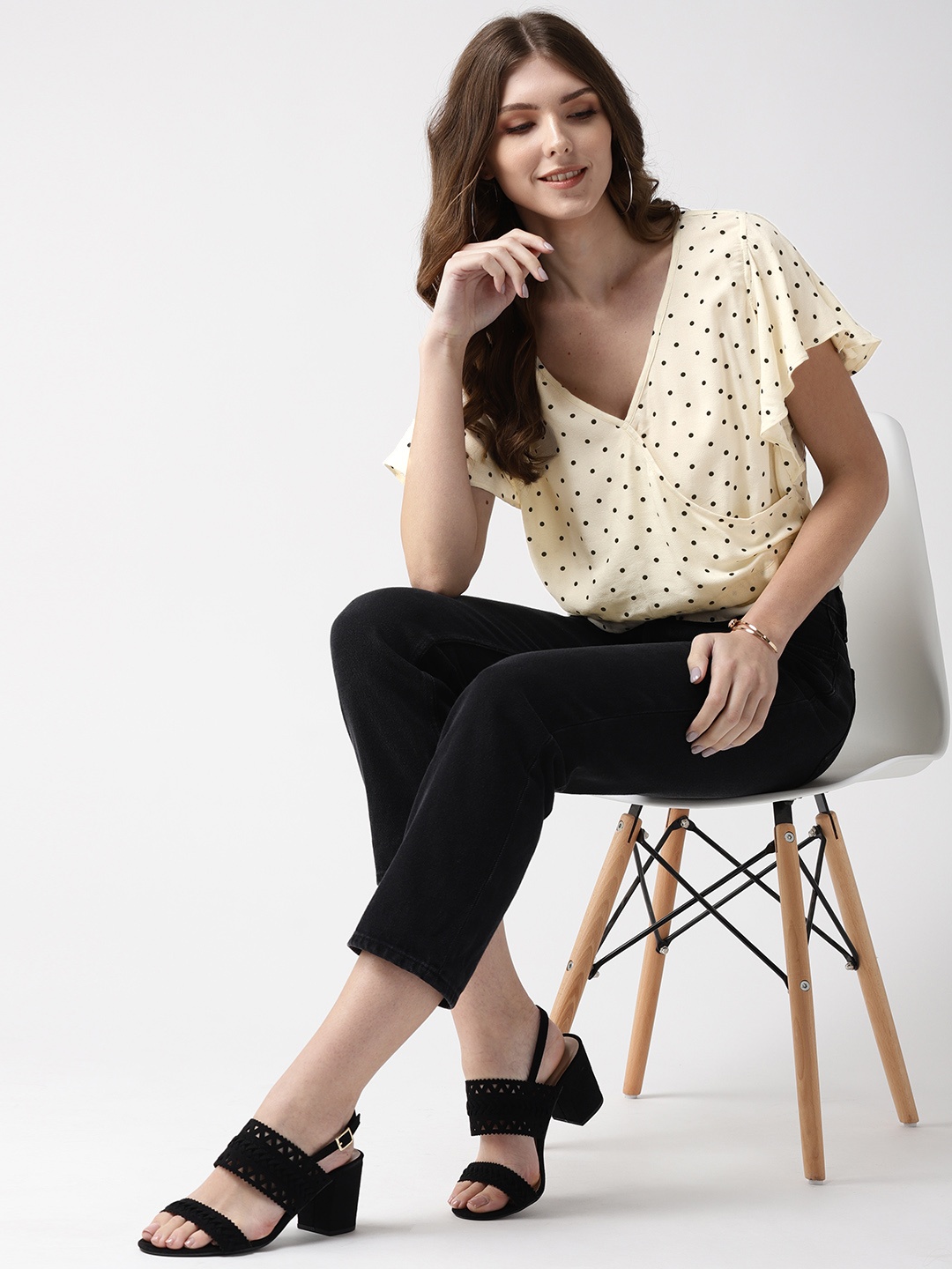 

Taurus Women Cream-Coloured & Black Printed Wrap Top
