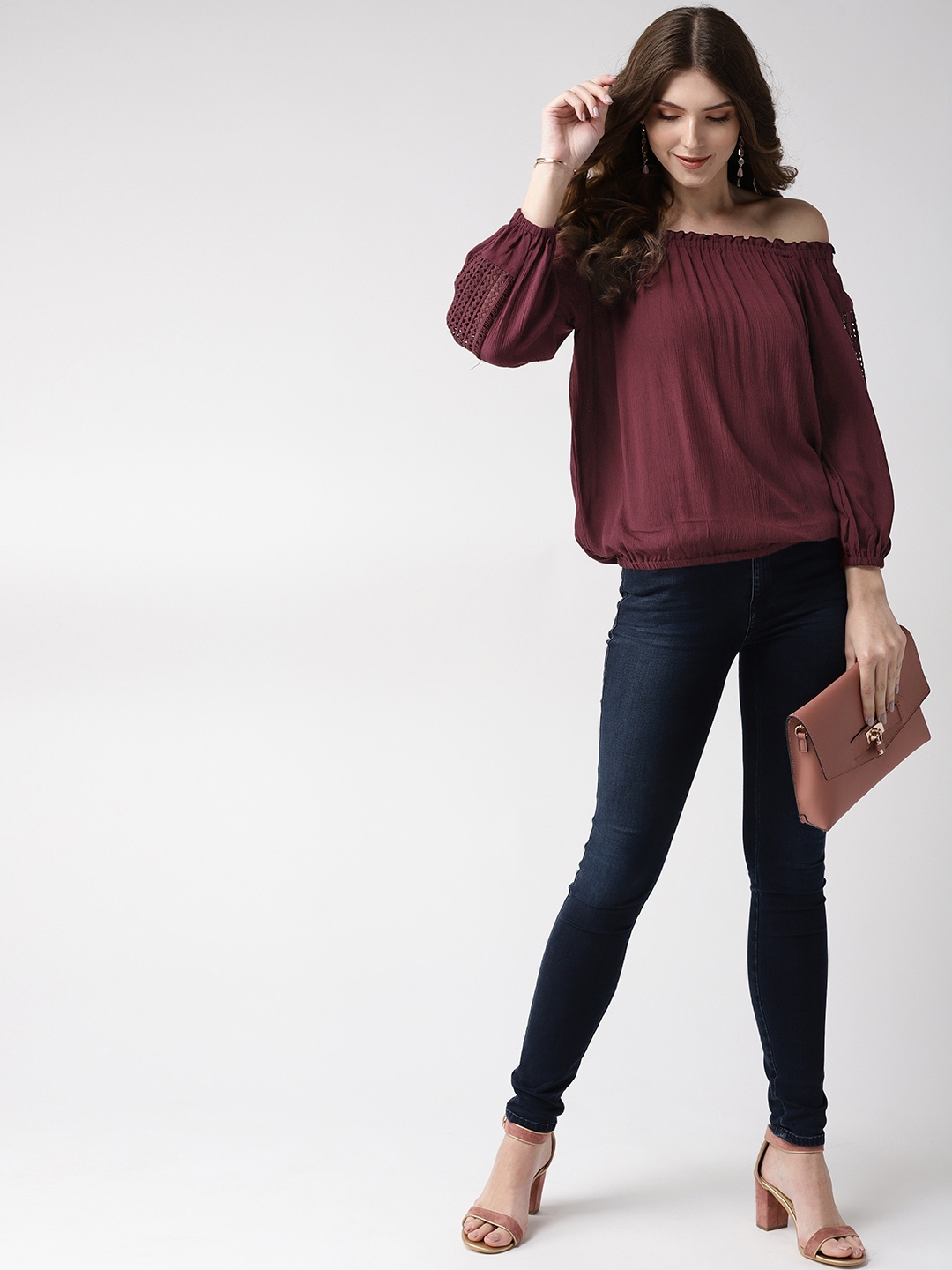 

Taurus Women Burgundy Solid Bardot Top