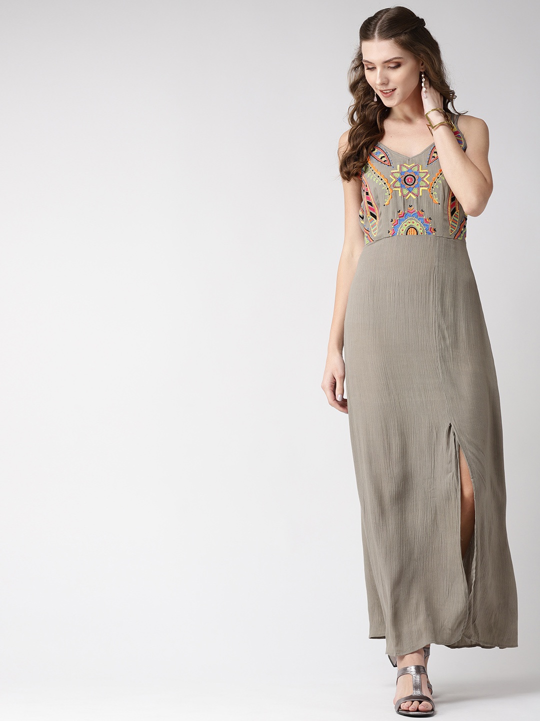

Taurus Women Grey Embroidered Detail Maxi Dress