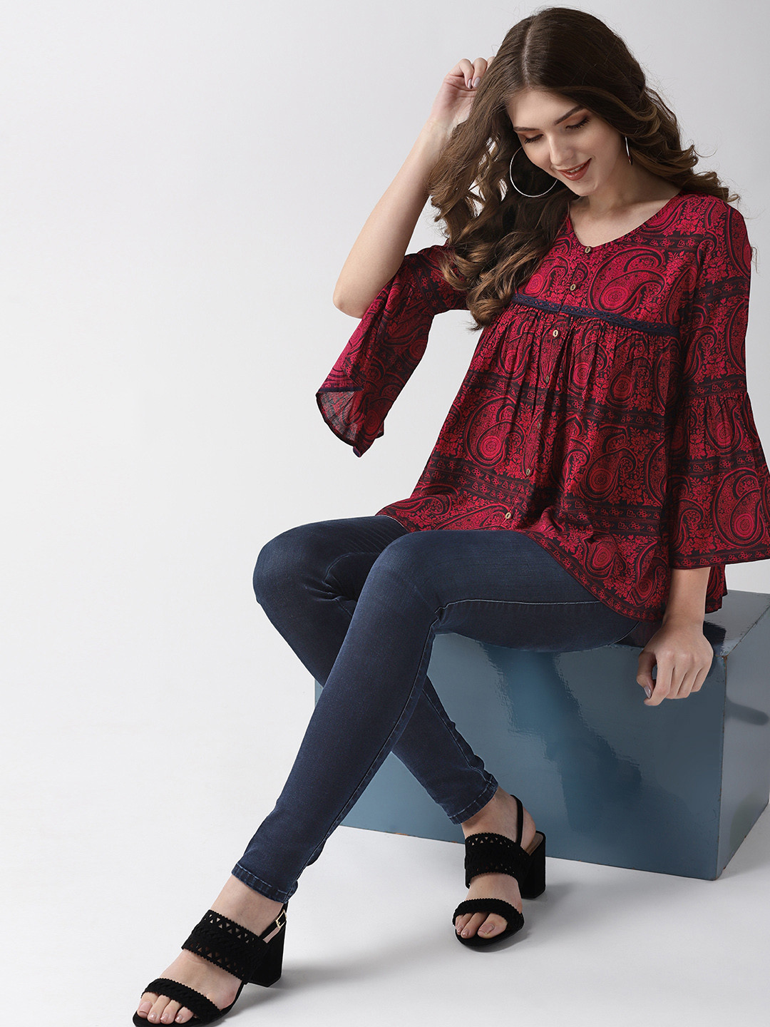 

Taurus Women Red & Black Printed A-Line Top