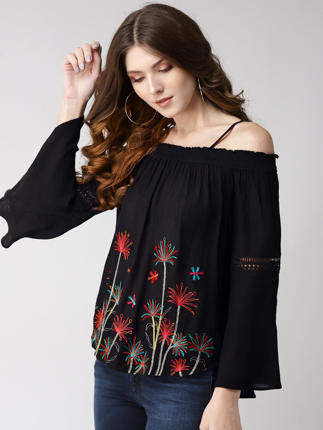 

Taurus Women Black Embroidered Bardot Top
