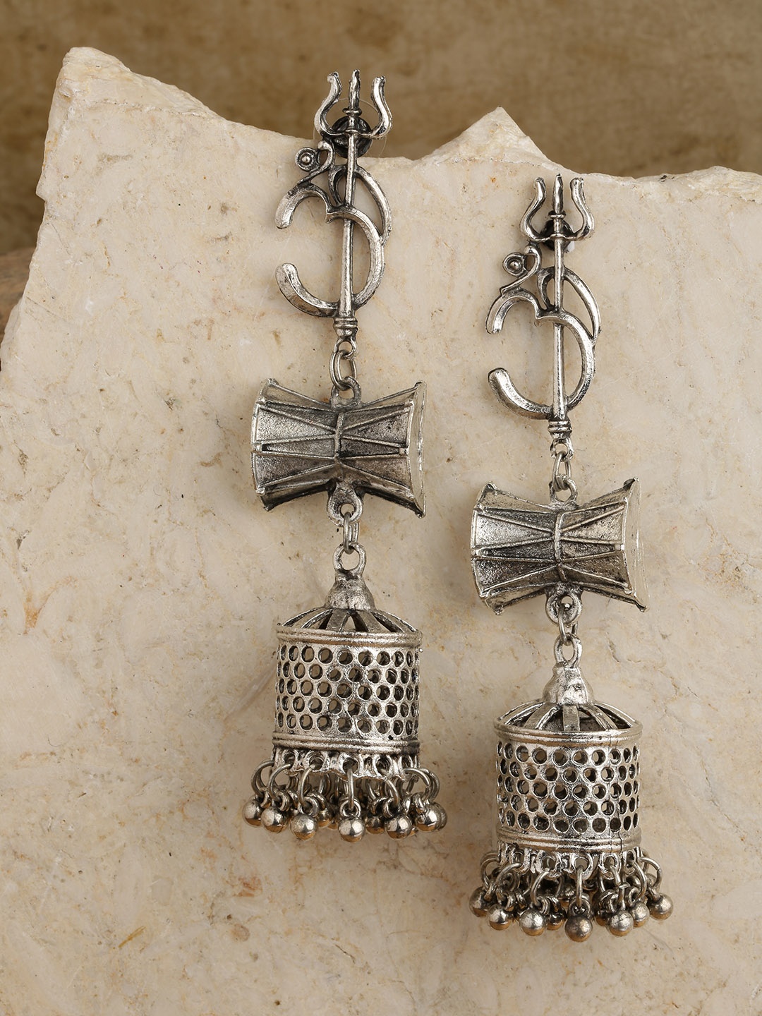 

Priyaasi Oxidised Silver-Plated Om Trisul Damroo Dome-Shaped Jhumkas
