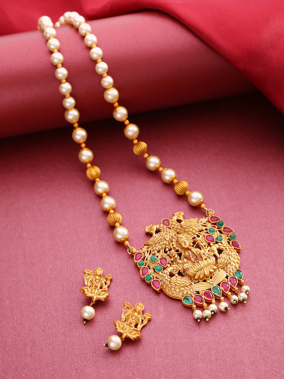 

Priyaasi Pink Antique Gold-Plated Stone-Studded & Beaded Goddess Lakshmi Jewellery Set