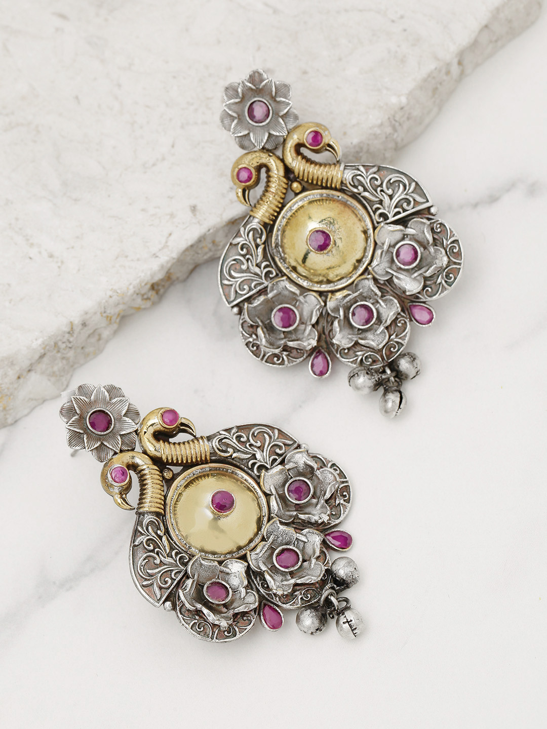 

Priyaasi Oxidised Silver-Toned & Pink Antique Gold-Plated Peacock Shaped Drop Earrings