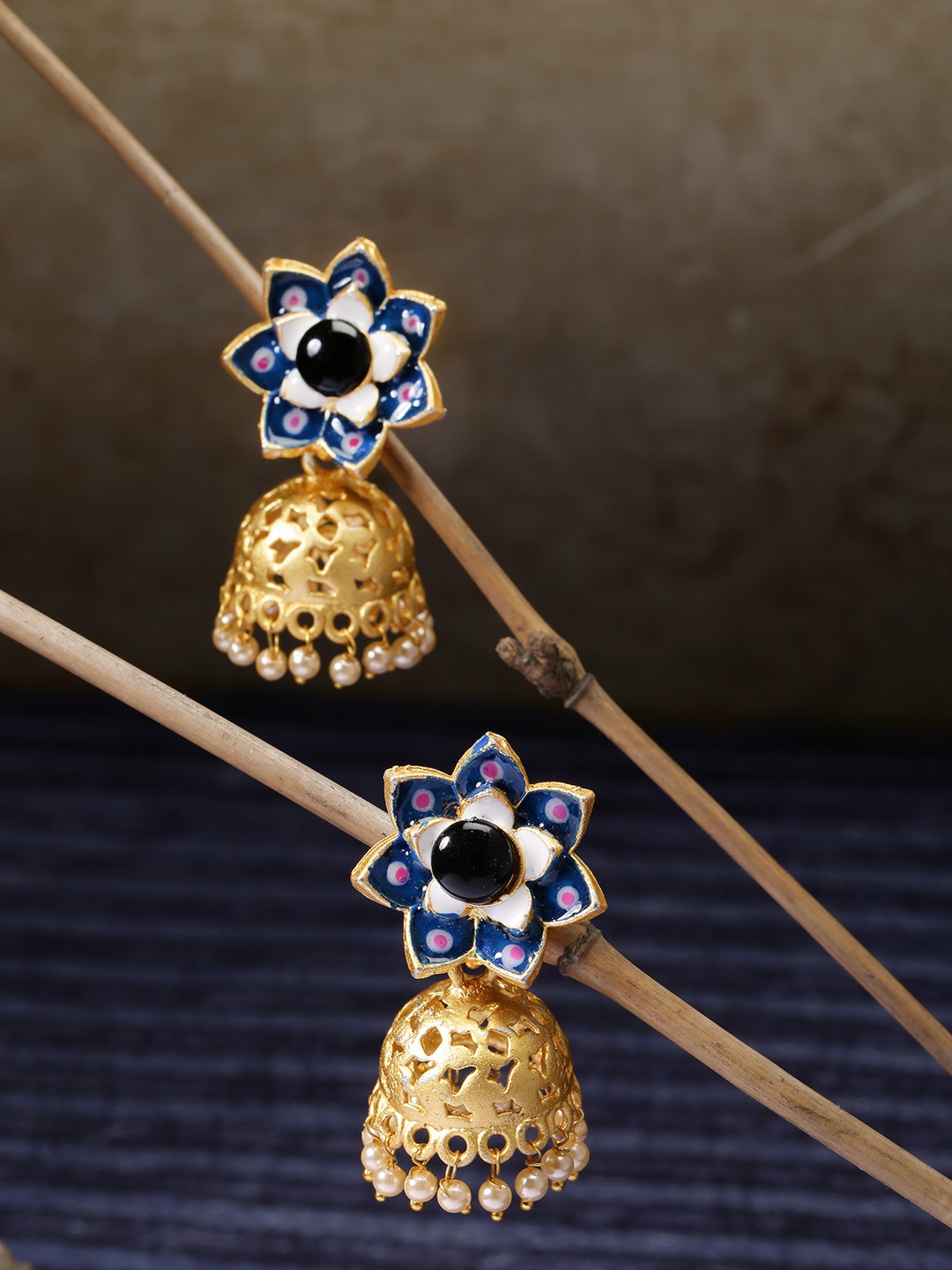 

Priyaasi Blue & Black Gold-Plated Hand Painted Beaded Dome-Shaped Jhumkas