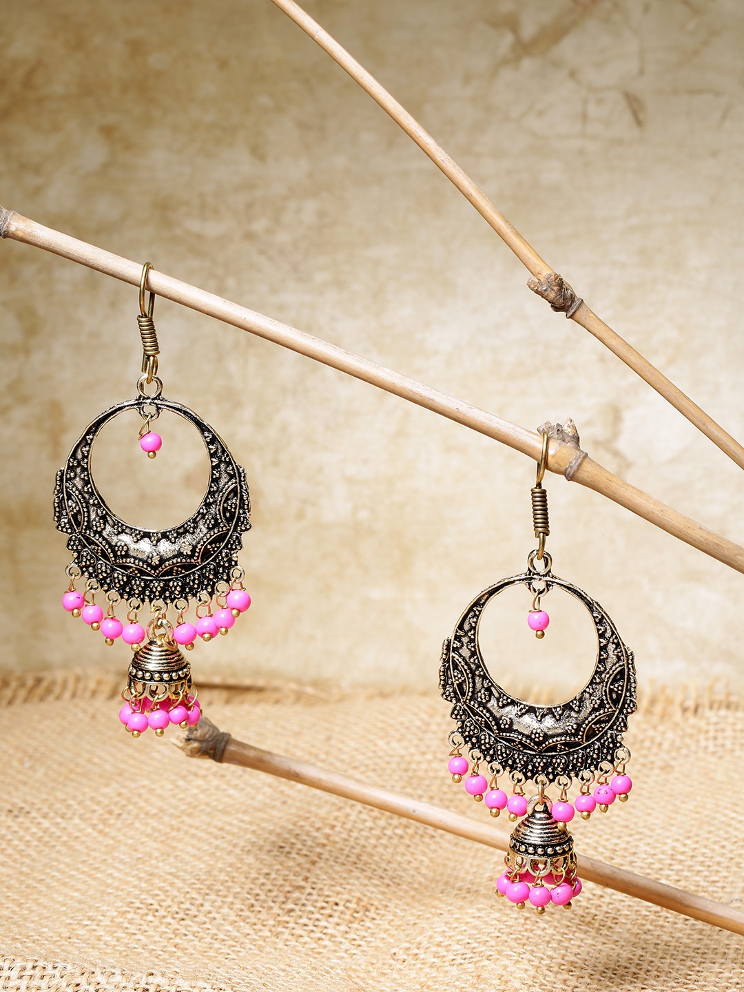 

Priyaasi Pink Antique Gold-Plated Beaded Crescent-Shaped Chandbalis