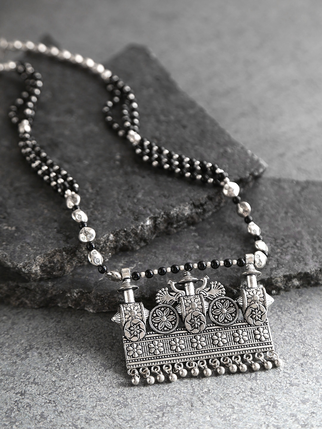 

Priyaasi Black Silver-Plated German Silver Beaded Oxidised Necklace