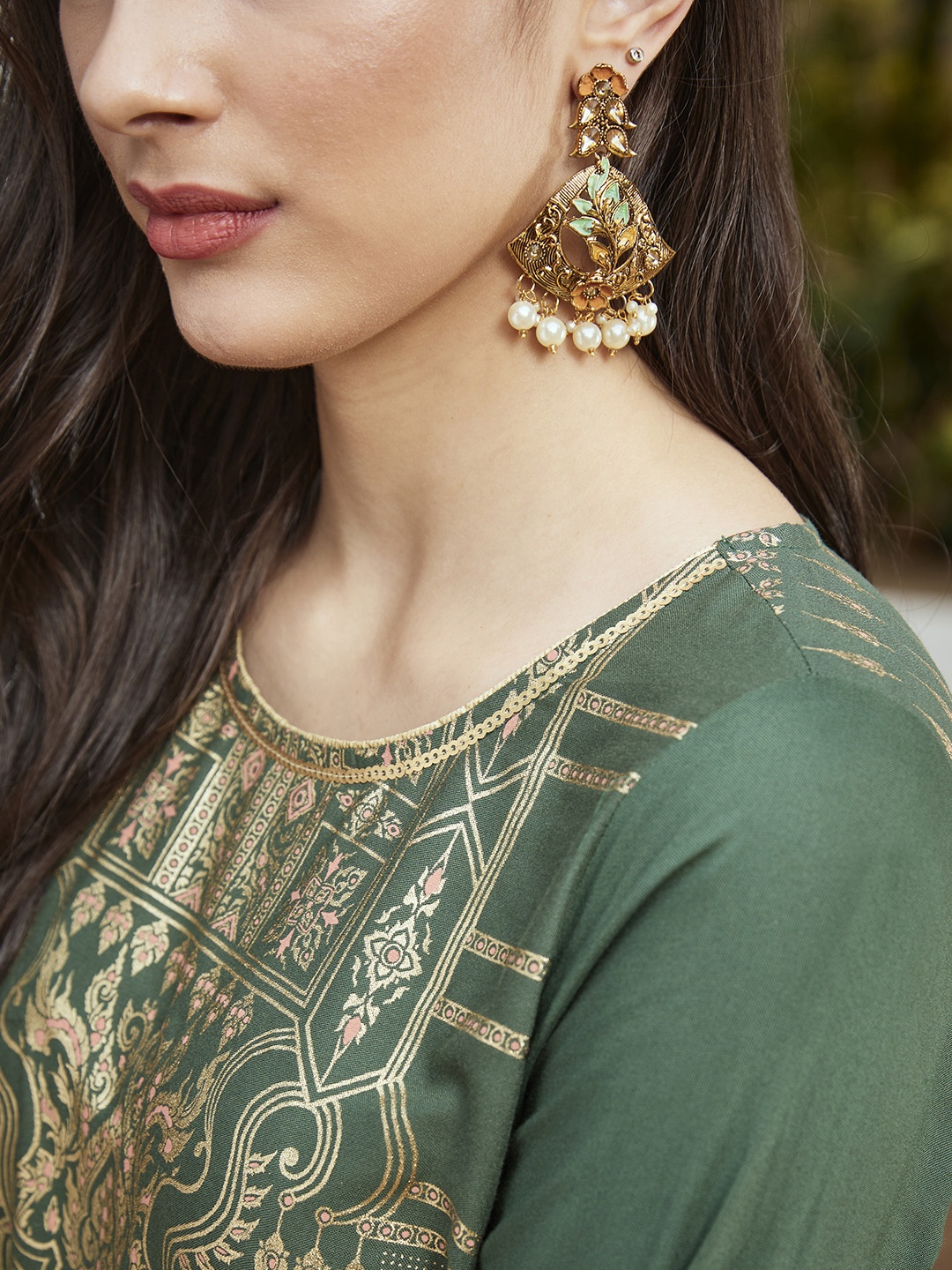 

Priyaasi Coral Orange & Mint Green Antique Gold-Plated Hand Painted Floral Drop Earrings