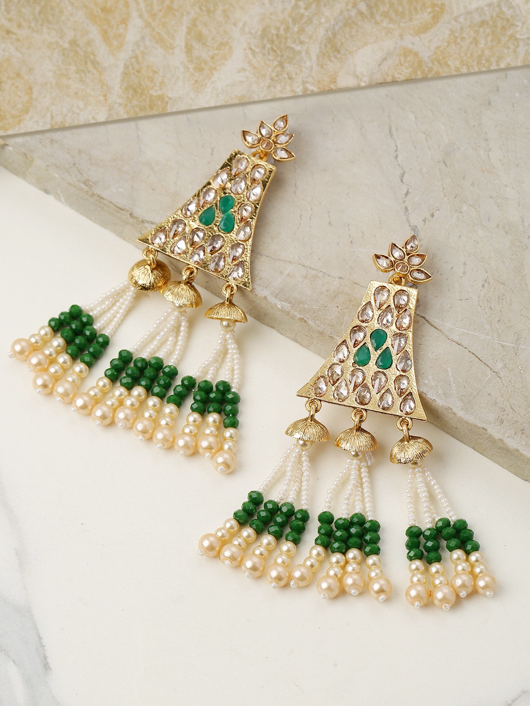 

Priyaasi Green & White Gold-Plated Stone-Studded Handcrafted Classic Drop Earrings