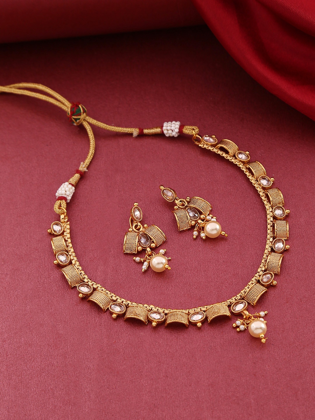 

Priyaasi Gold-Plated Stone-Studded Beaded Handcrafted Jewellery Set