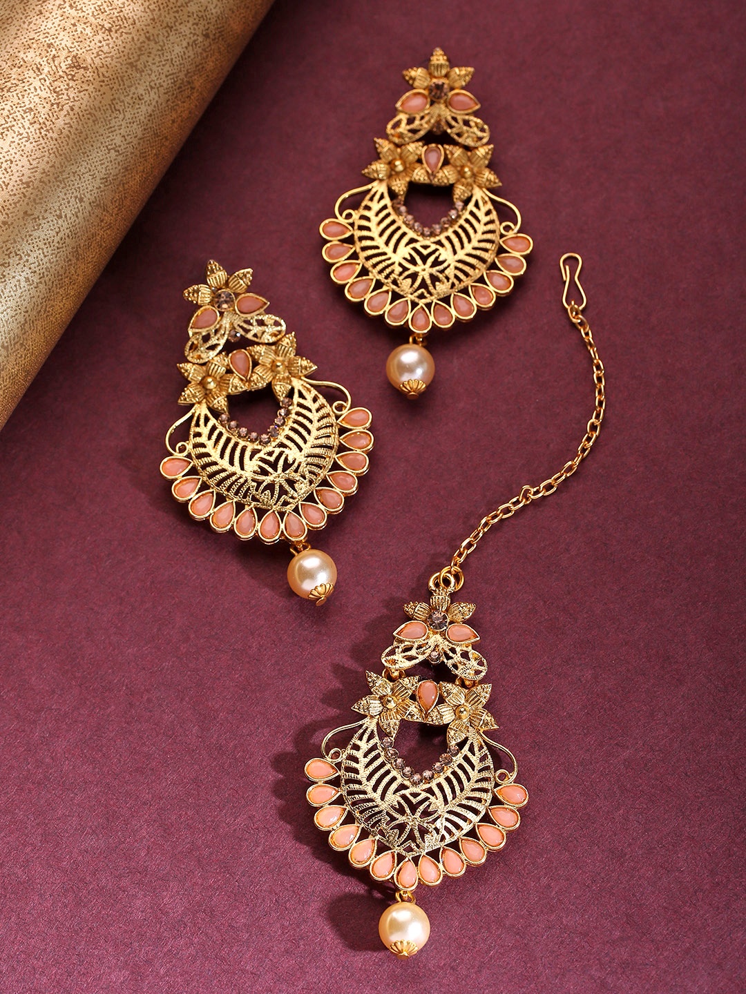 

Priyaasi Peach-Coloured Gold-Plated Stone-Studded Handcrafted Maang Tika & Earrings Set