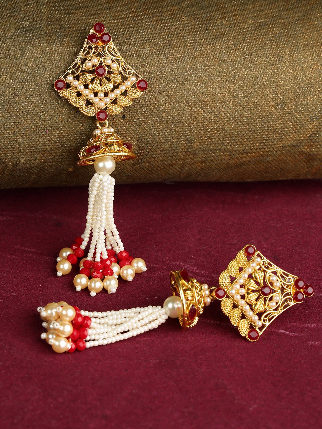 

Priyaasi White & Red Gold-Plated Handcrafted Classic Drop Earrings