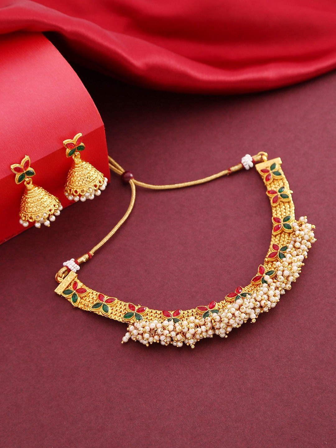 

Priyaasi Pink & Green Gold-Plated Stone-Studded & Beaded Handcrafted Jewellery Set