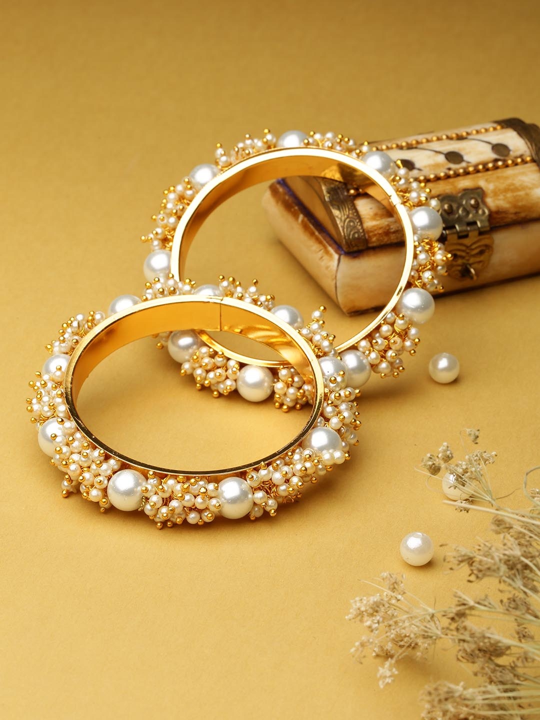 

Priyaasi Set Of 2 Gold Plated Off-White Beaded Handcrafted Bangles