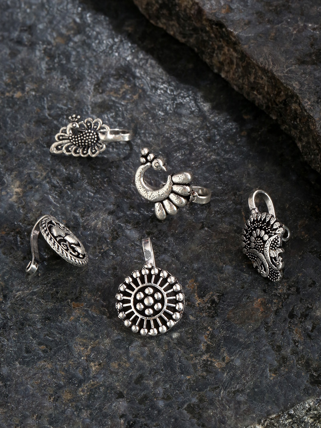 

Priyaasi Set of 5 Oxidised Silver-Plated Clip-On Nosepins