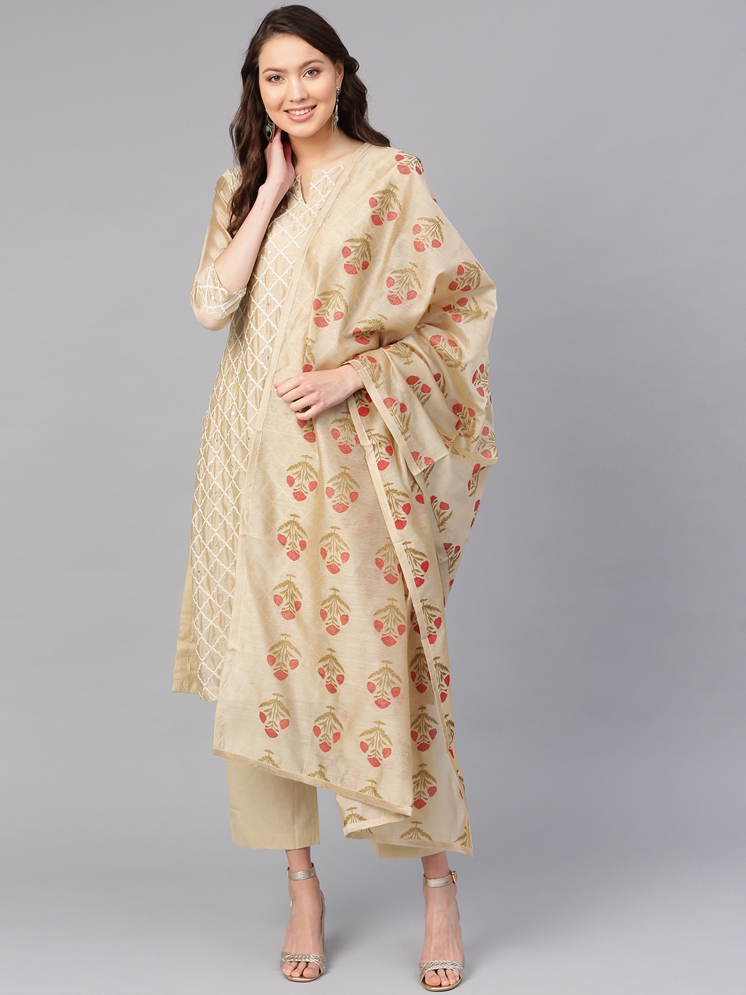 

Ishin Women Beige & White Embroidered Kurta with Trousers & Dupatta