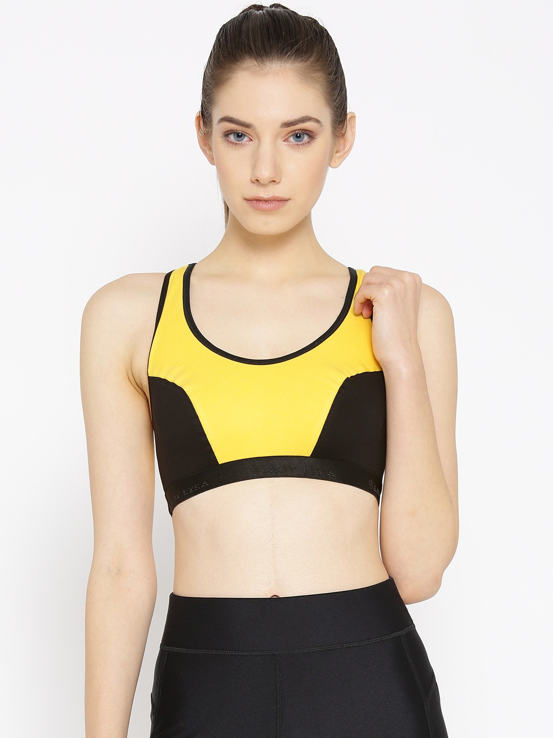 

Lady Lyka Yellow & Black Colourblocked Non-Wired Non Padded Sports Bra RACER-SPORT