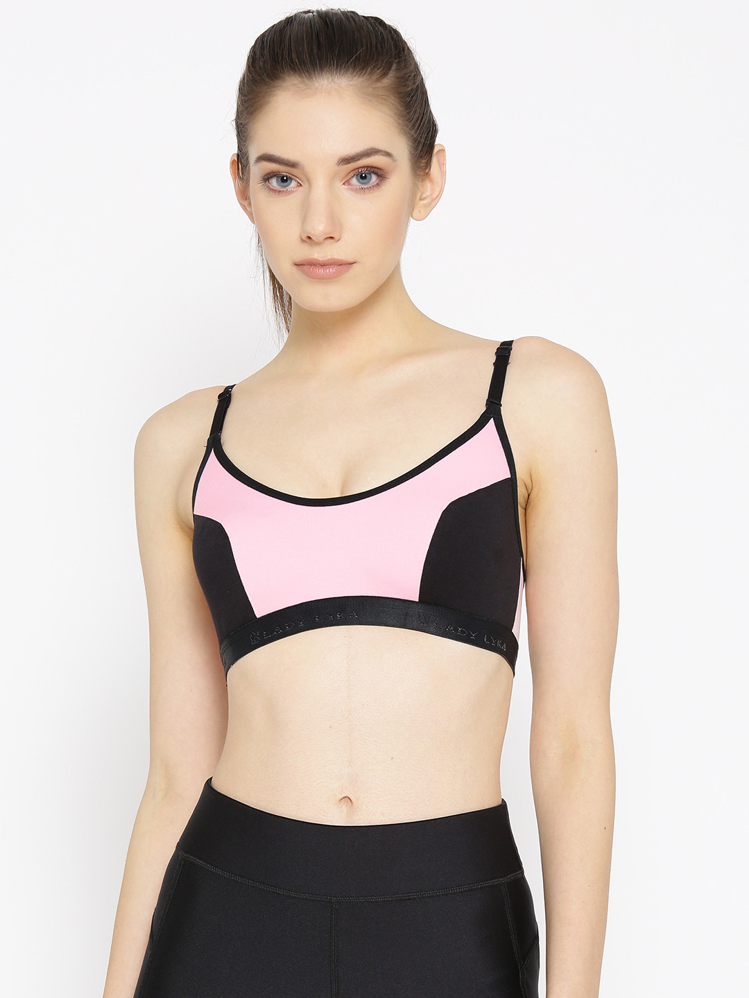 

Lady Lyka Pink & Black Colourblocked Non-Wired Non Padded Sports Bra ACTIVE-SPORT
