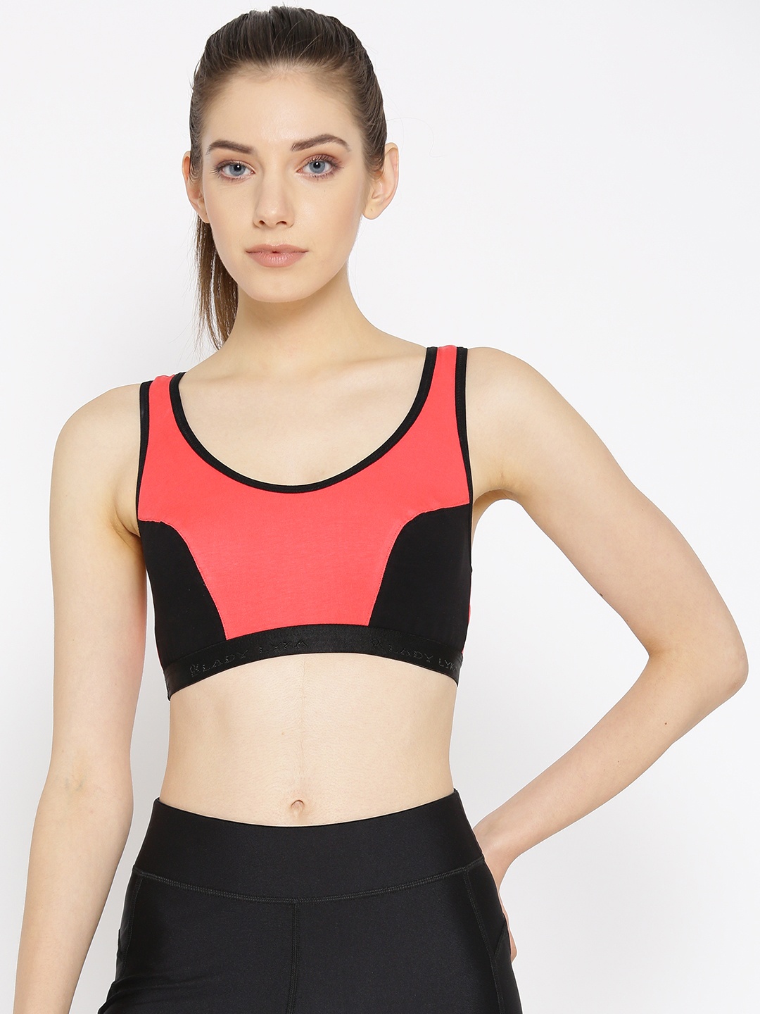 

Lady Lyka Pink & Black Colourblocked Non-Wired Non Padded Sports Bra RACER-SPORT
