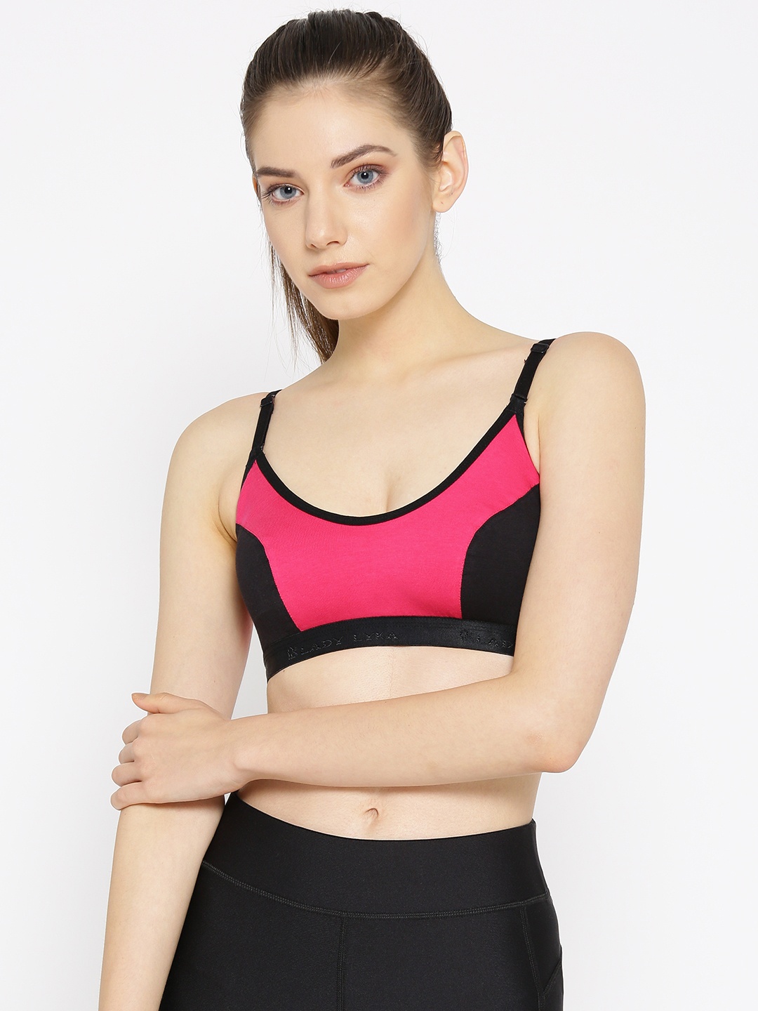 

Lady Lyka Pink & Black Colourblocked Non-Wired Non Padded Sports Bra ACTIVE-SPORT-