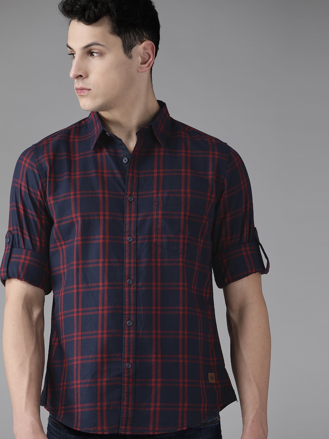 

The Roadster Lifestyle Co. Men Pure Cotton Tartan Checked Casual Shirt, Navy blue