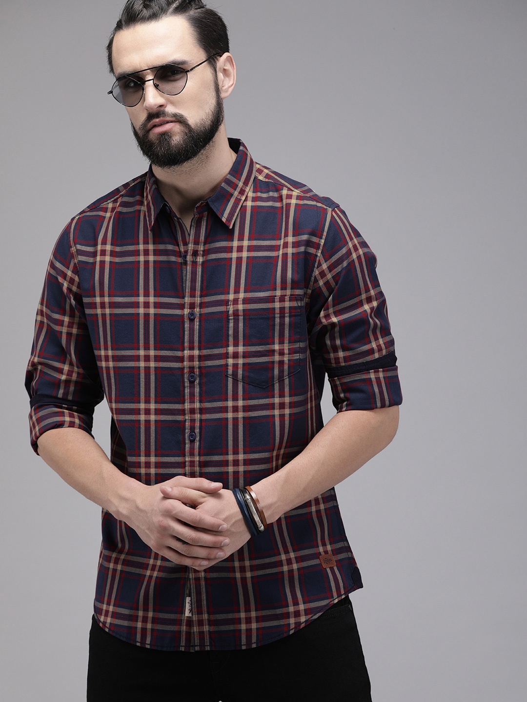 

Roadster Men Navy Blue Red Checked Sustainable Casual Shirt
