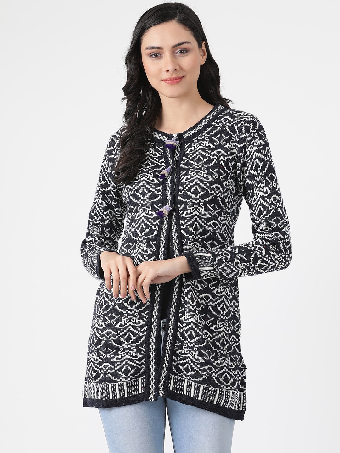 

Monte Carlo Women Black & White Self Design Cardigan