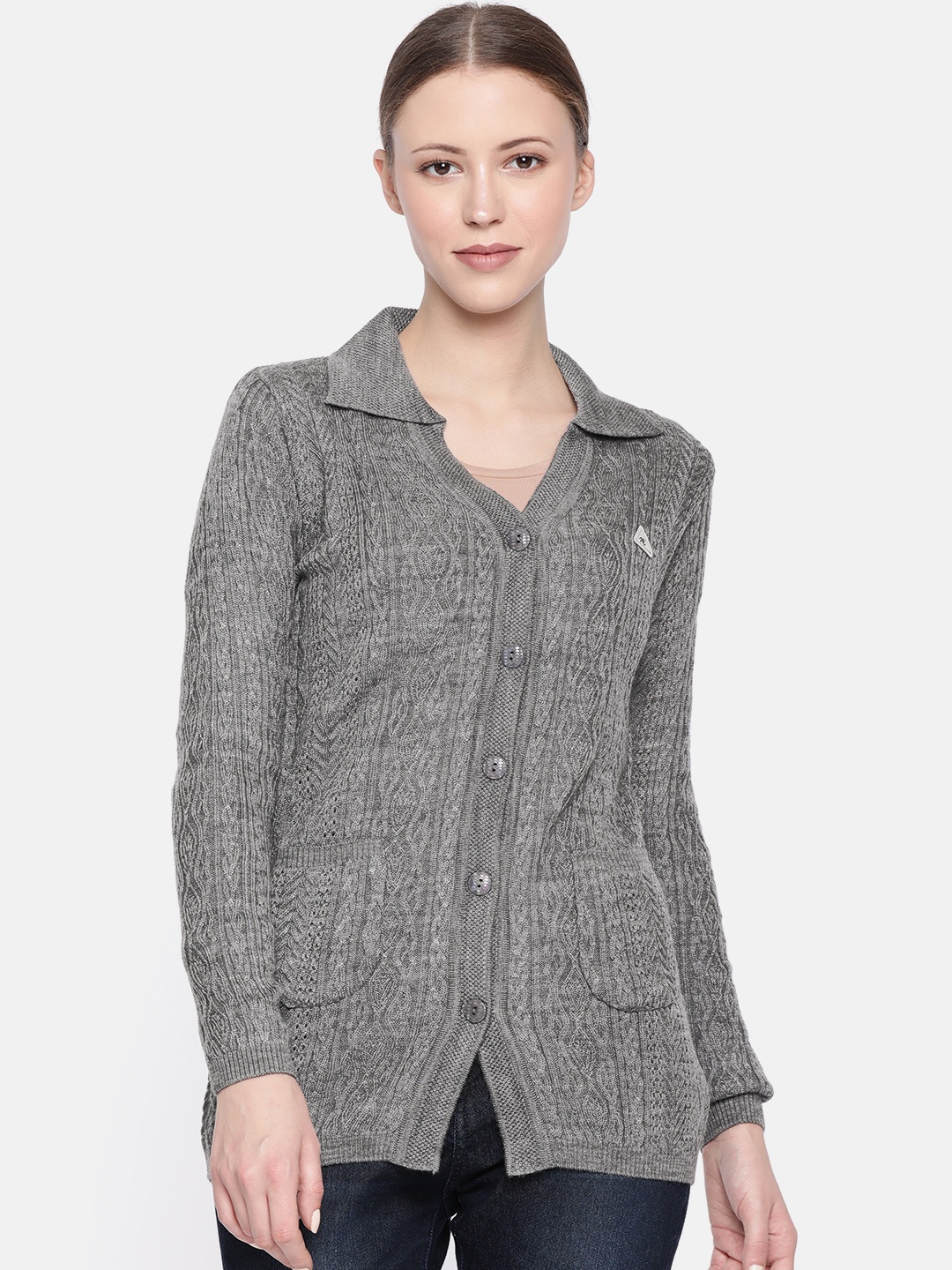 

Monte Carlo Women Grey Self Design Cardigan Sweater
