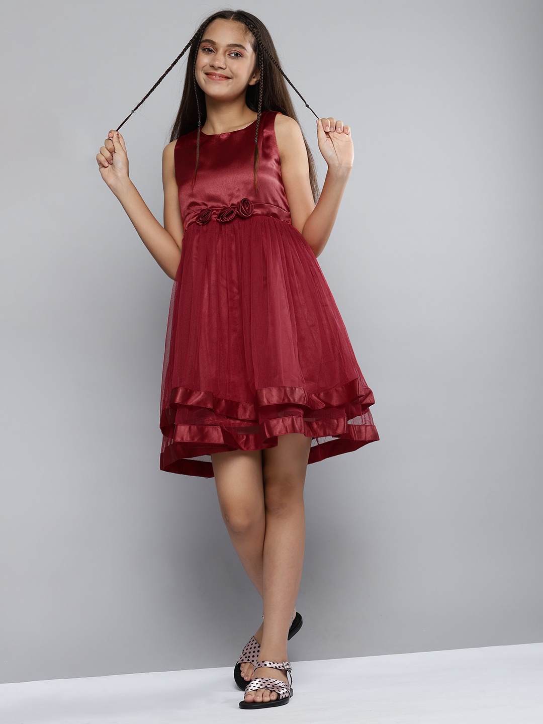 

YK Girls Maroon Solid Fit and Flare Layered Dress