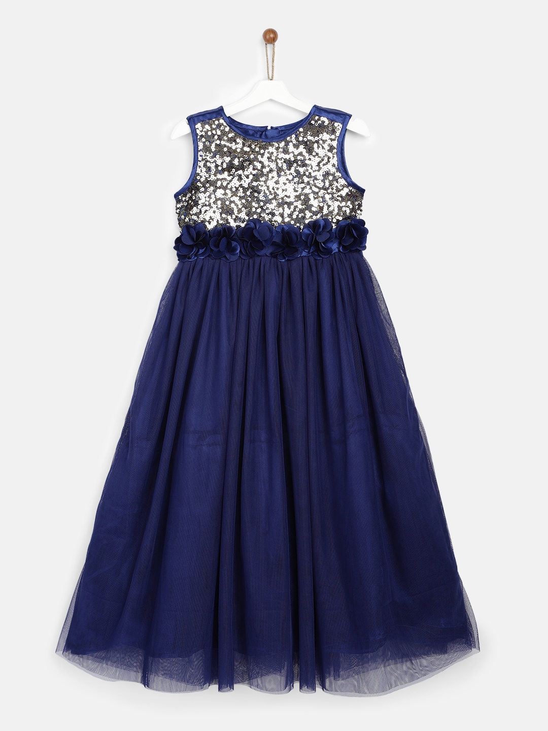 

YK Girls Navy Blue and Gold Embellished Fit and Flare Dress