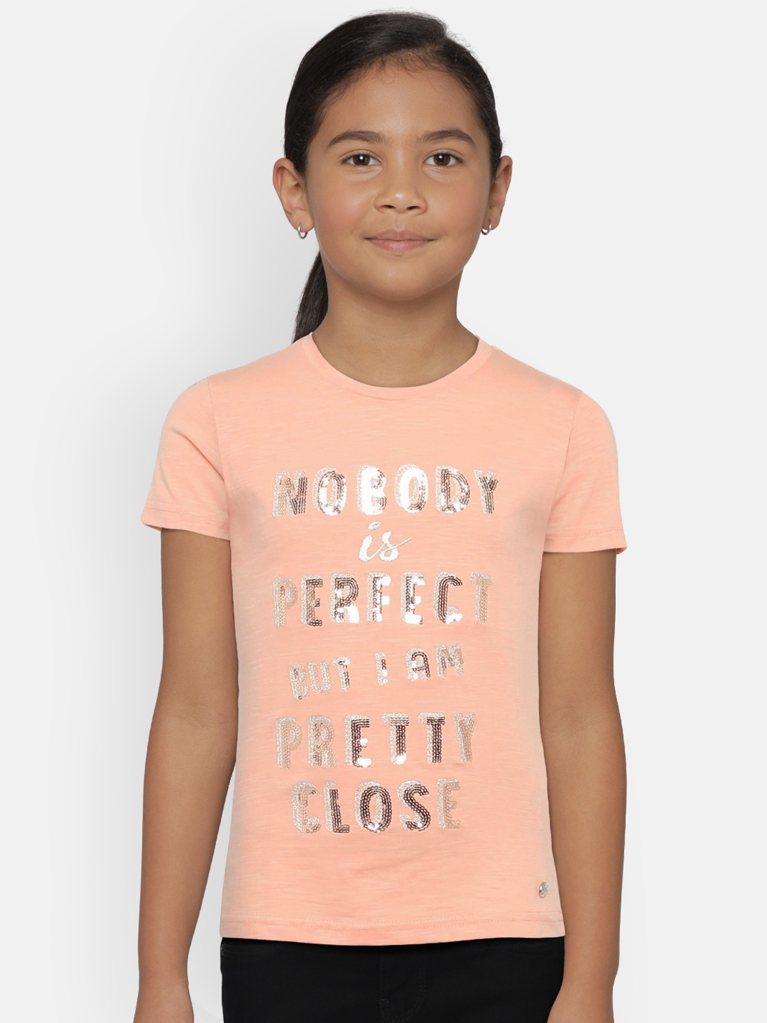 

Gini and Jony Girls Peach-Coloured Embellished Pure Cotton Top