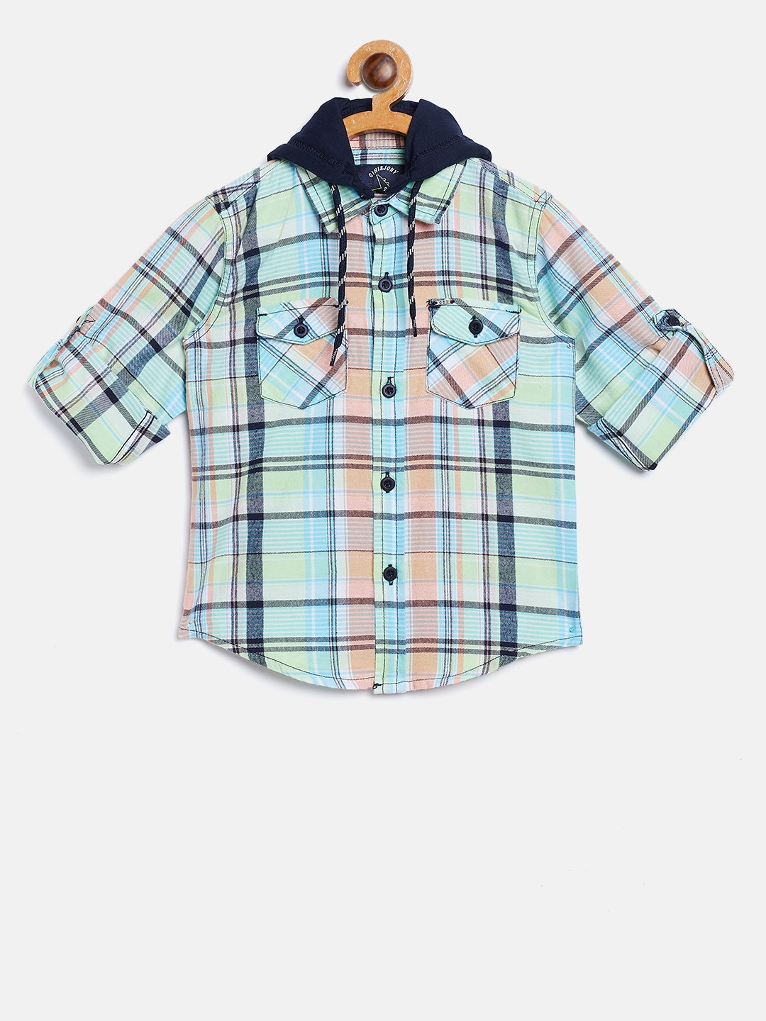 

Gini and Jony Boys Green & Peach-Coloured Regular Fit Hooded Checked Casual Shirt