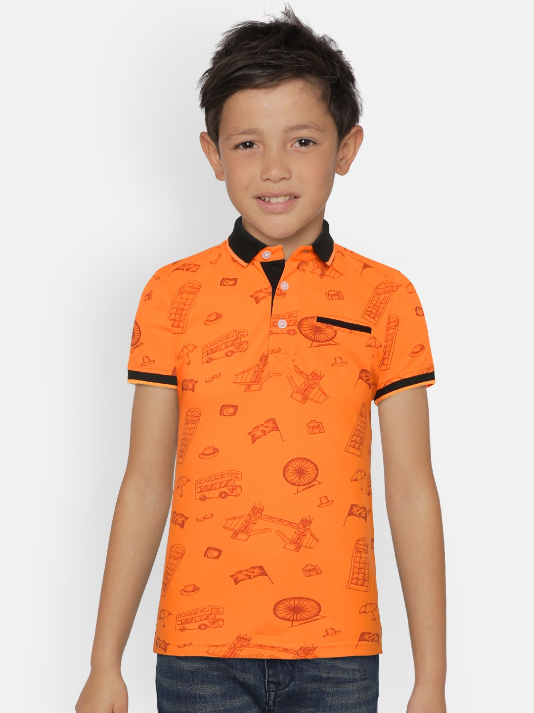 

Palm Tree Boys Orange Printed Polo Collar Pure Cotton T-shirt