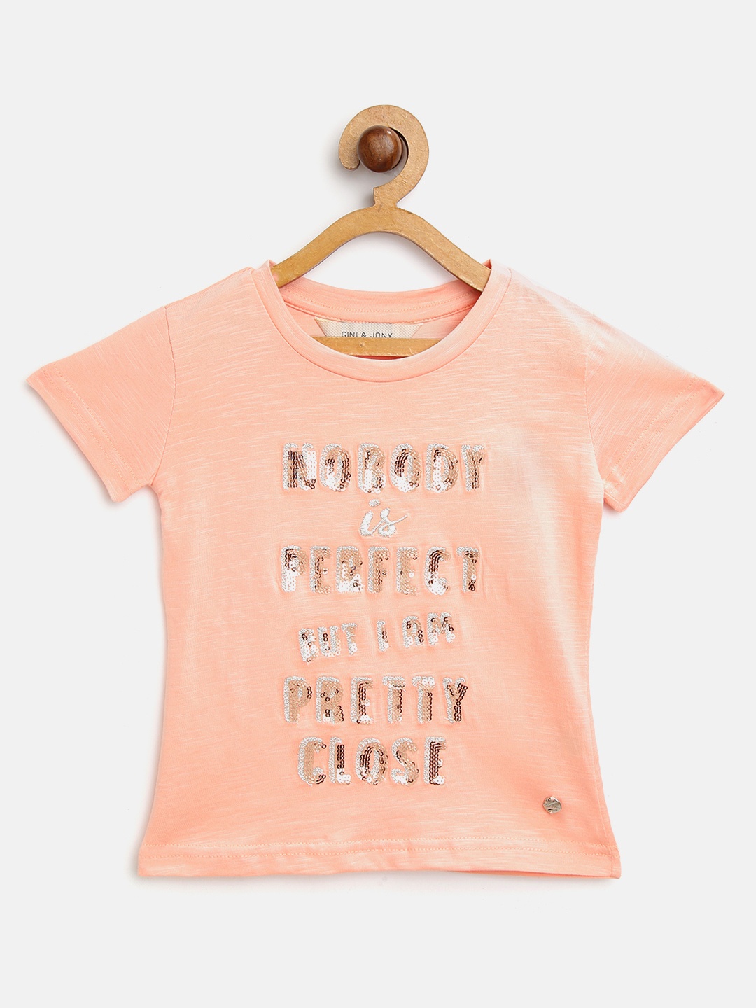 

Gini and Jony Girls Peach-Coloured Silver Sequinned Round Neck Pure Cotton T-shirt