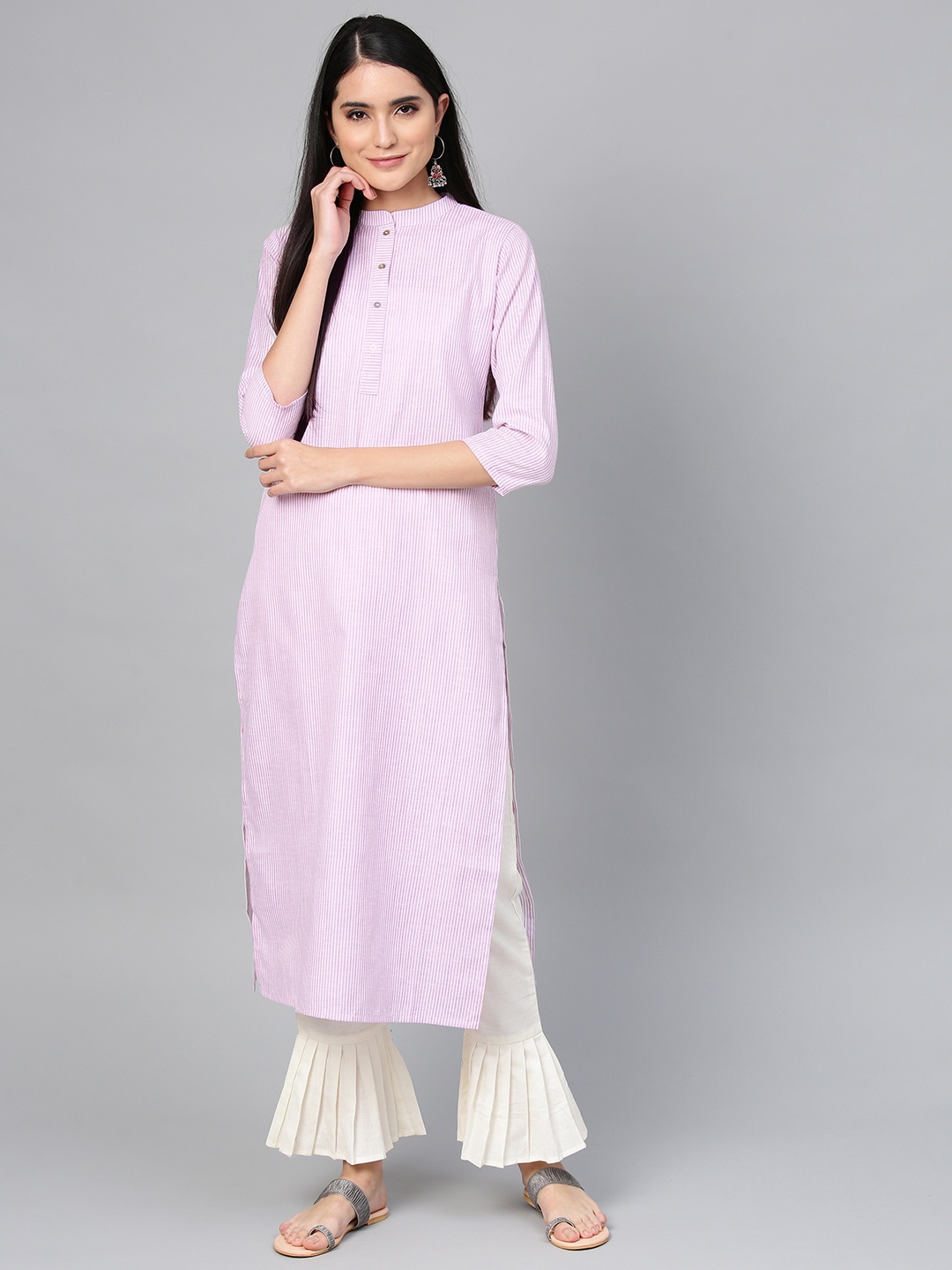 

Indo Era Women Pink & White Striped Straight Kurta