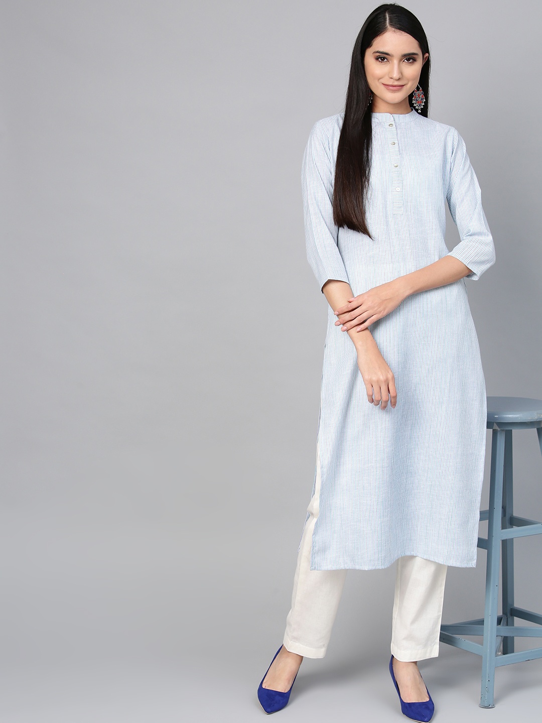 

Indo Era Women Sea Green & White Striped Straight Kurta