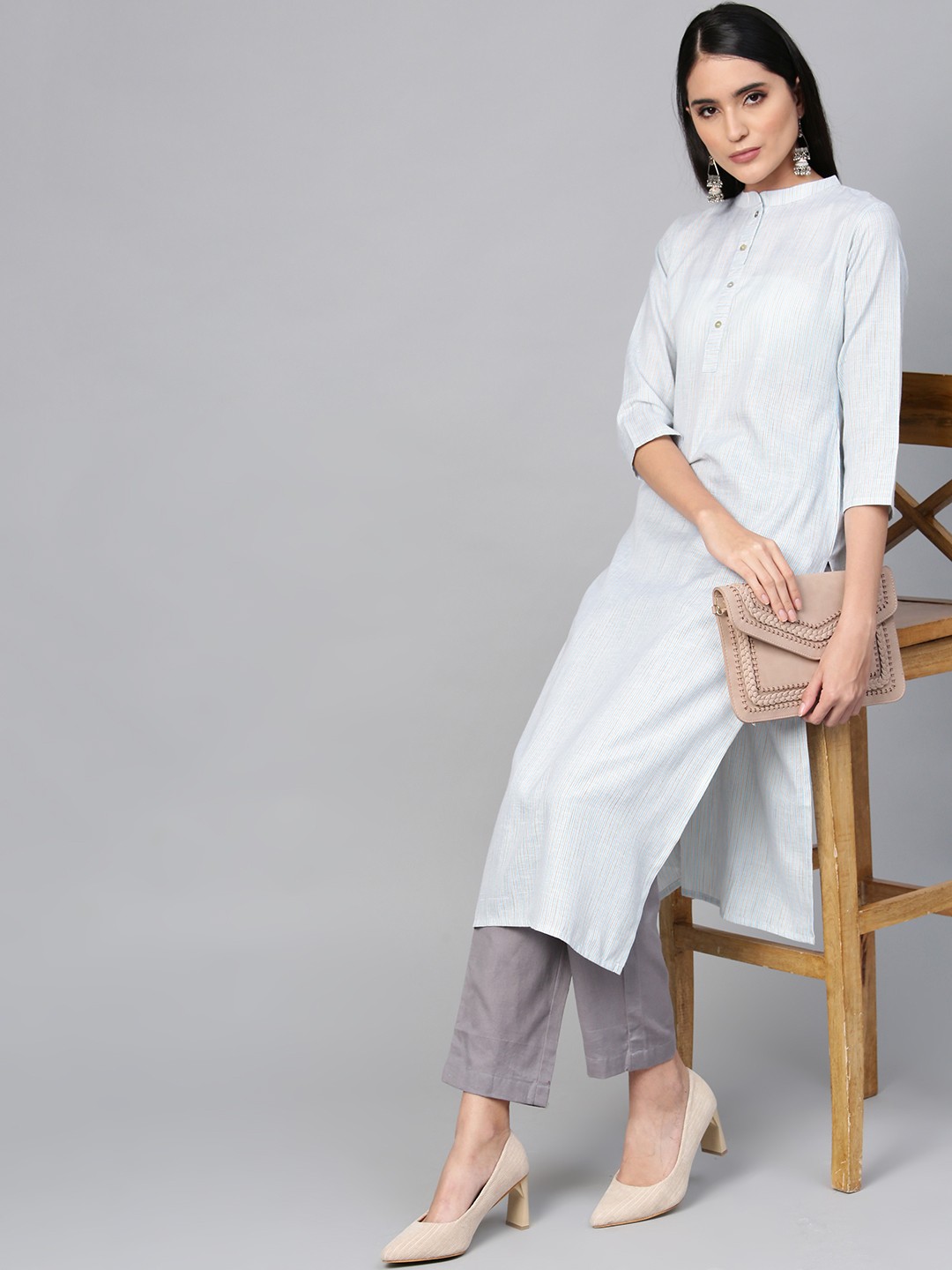 

Indo Era Women Beige & Blue Striped Straight Kurta