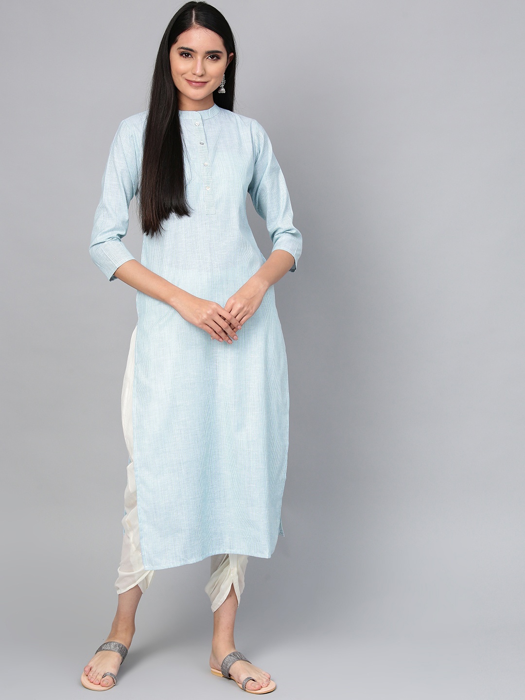

Indo Era Women Green & White Striped Straight Kurta