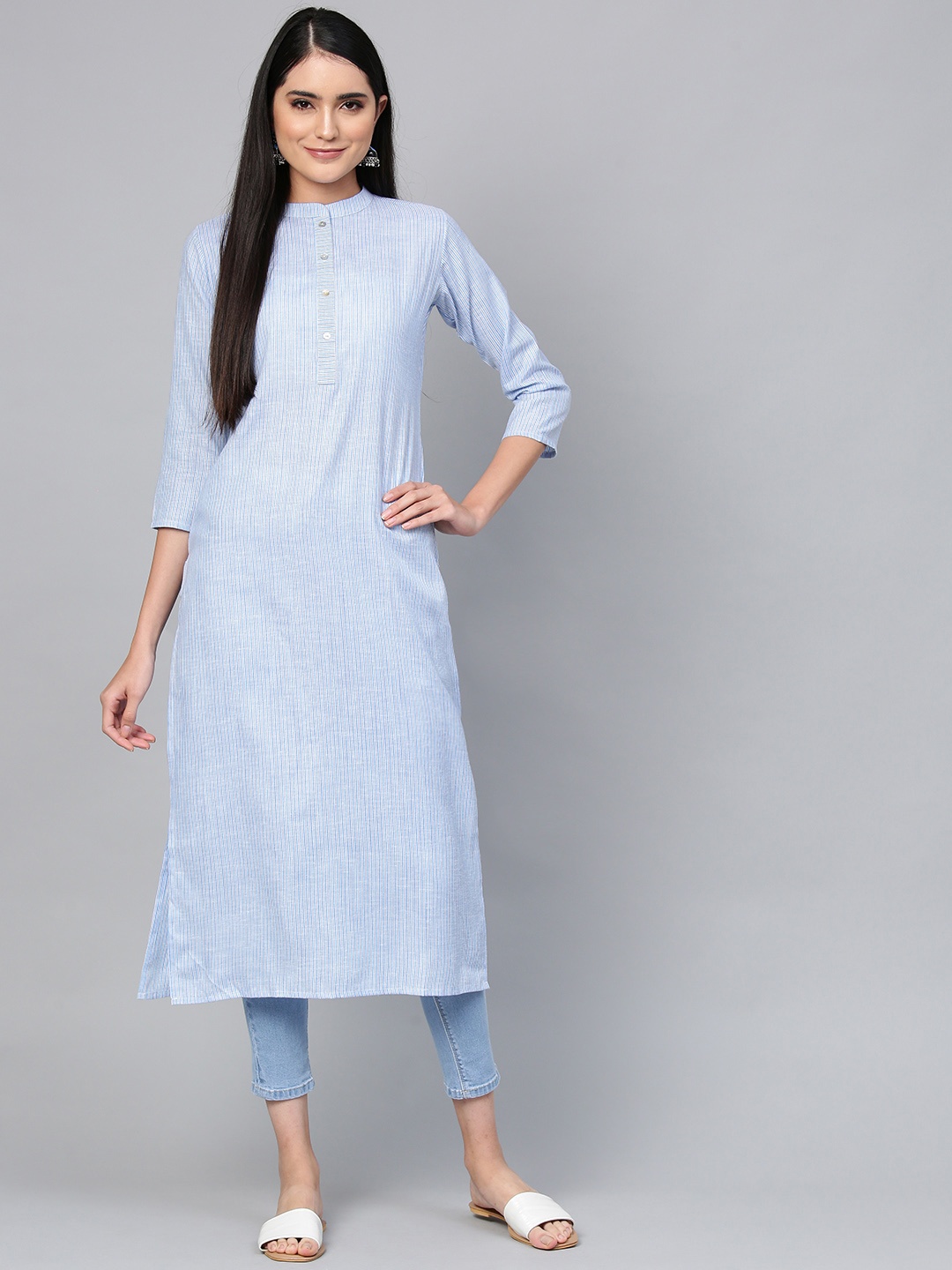 

Indo Era Women Blue & White Striped Straight Kurta