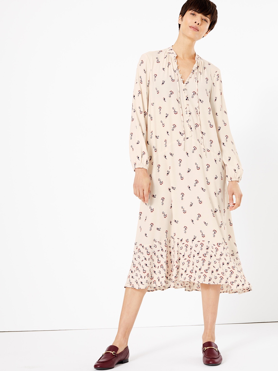 

Marks & Spencer Women Beige & Pink Floral Printed A-Line Dress
