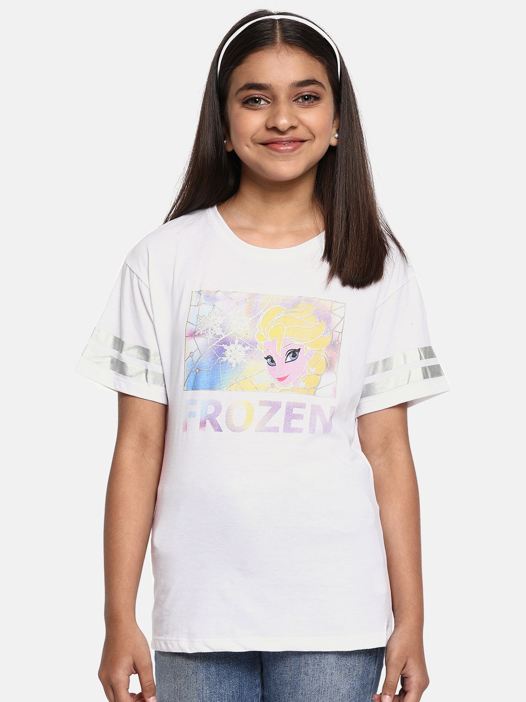 

YK Disney Girls White Printed Frozen Round Neck T-shirt