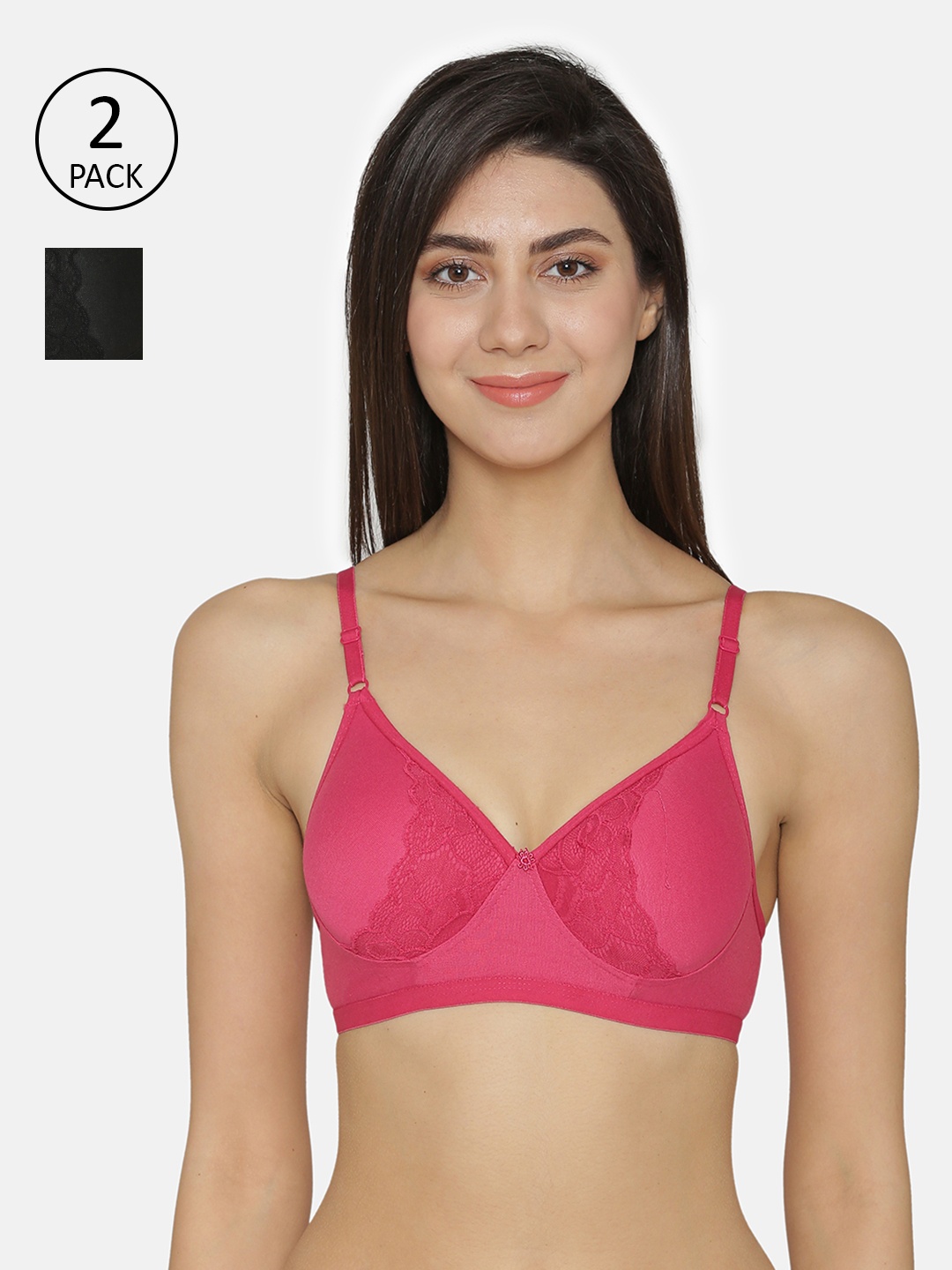 

ABELINO Pack of 2 Lace Non-Wired Heavily Padded Push-Up Bra COMRASHIPINKBLACK, Pink