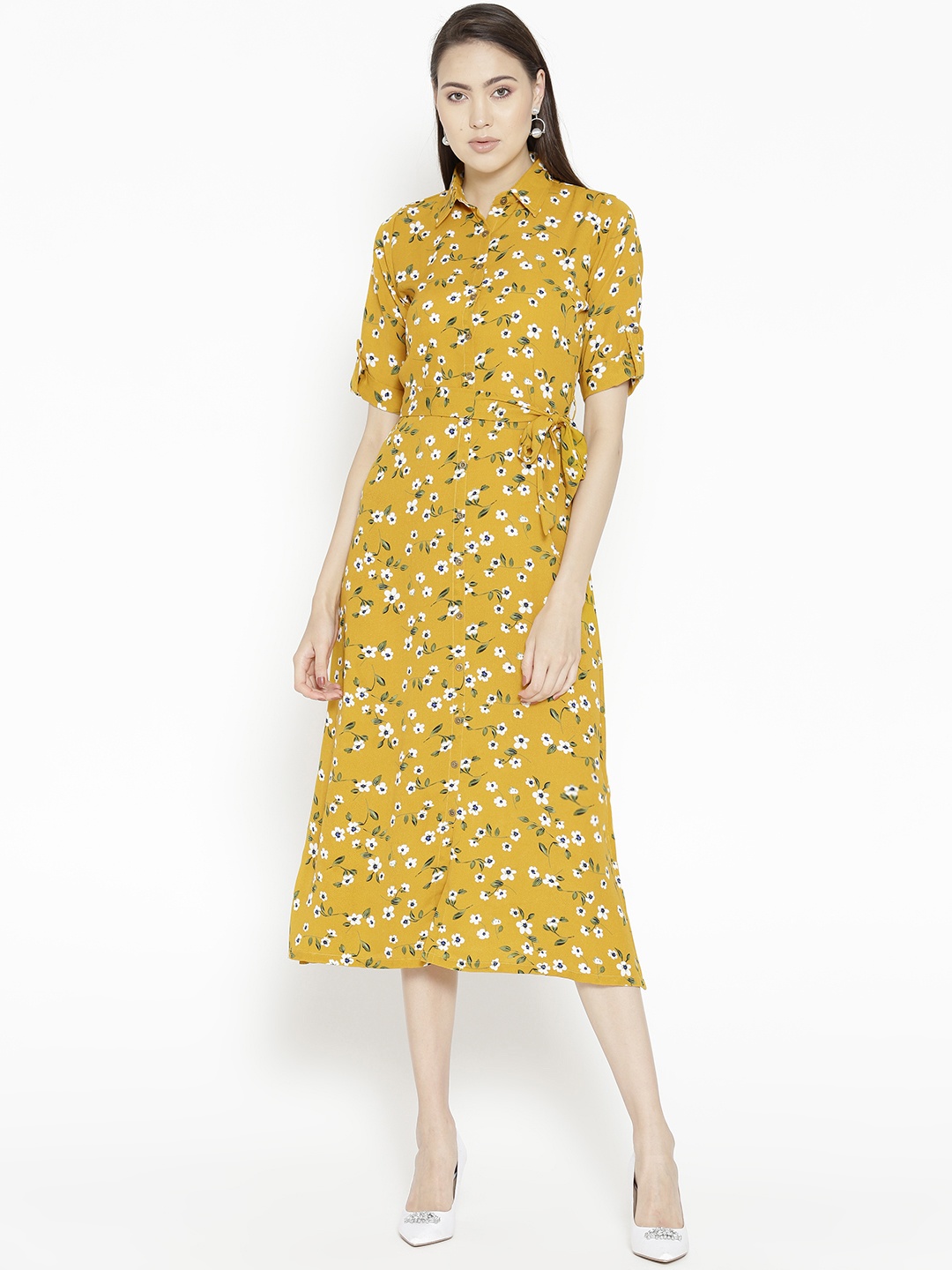 

Uptownie Lite Women Mustard Yellow & Off-White Floral Print Shirt Dress