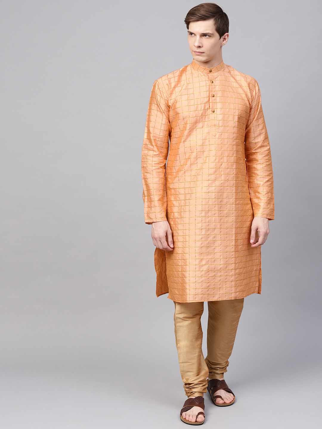 

SOJANYA Men Peach-Coloured & Golden Checked Kurta with Churidar
