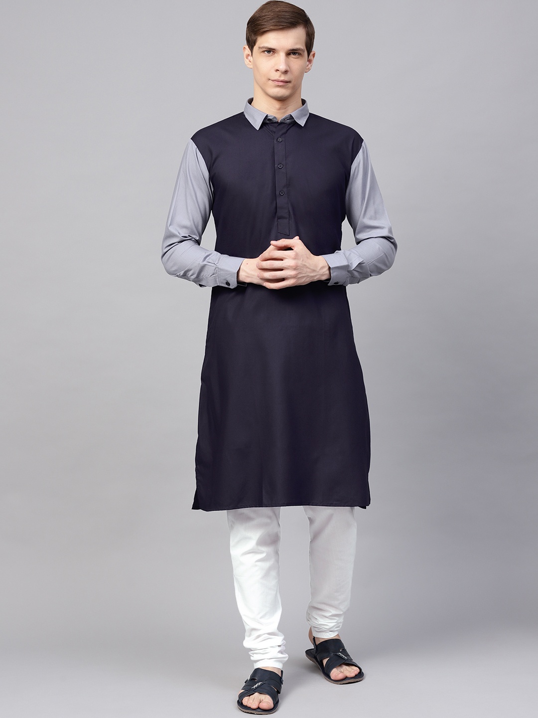 

SOJANYA Men Navy Blue & Off-White Solid Kurta with Churidar