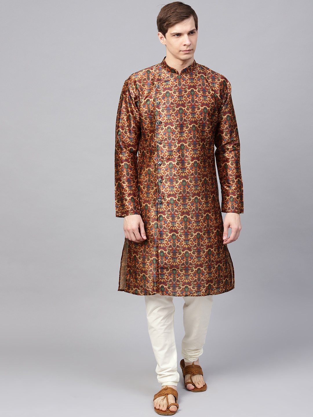 

SOJANYA Men Rust Brown & Off-White Printed Angrakha Kurta with Churidar
